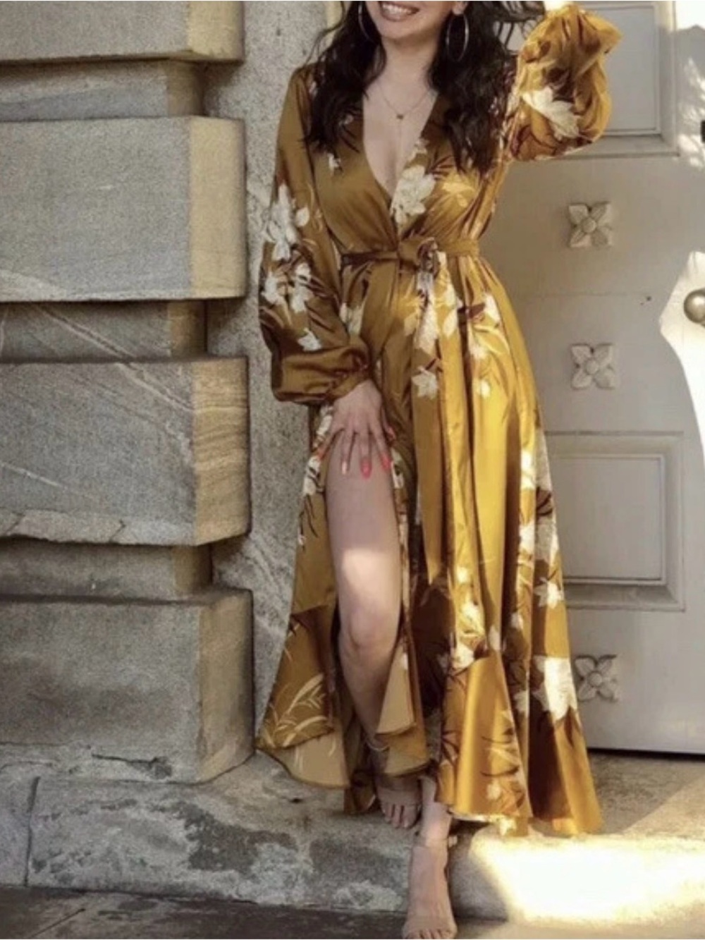 EXPRESS x Rocky Barnes Gold Satin Kimono Floral Wrap Maxi Dress NWT Size XS/S